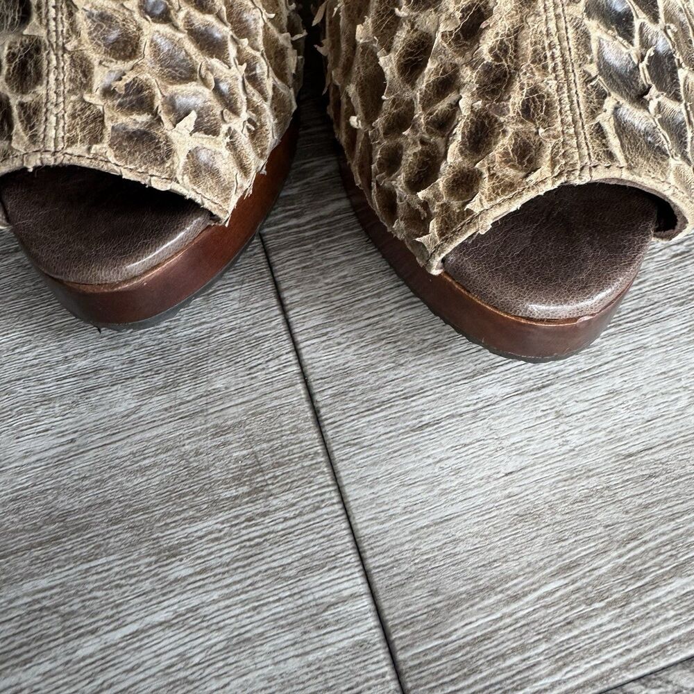 Salpy Artisan Snakeskin Leather Hand Made Wood Heel Open Toe Boots Sz 7 Brown - Picture 8 of 16